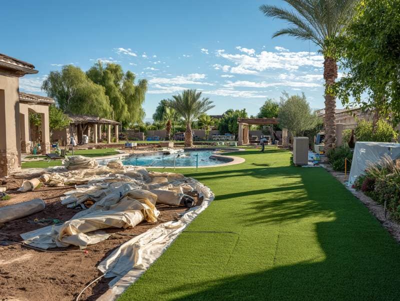 backyard with pool and landscaped lawn under blue sky, showcasing palm trees and renovation materials