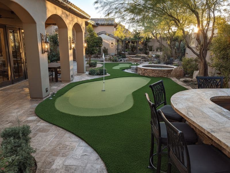 Backyard putting green with artificial grass, surrounded by landscaping and outdoor seating.